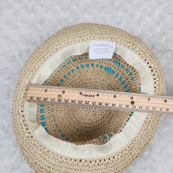 Liz Clairborne Knitted Straw Sun Hat Natural Teal - Picture 8 of 9